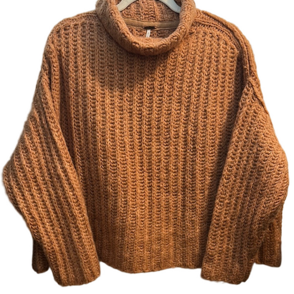 Free People Tan Cowl Neck Sweater with Chunky Knit and Oversized Fit